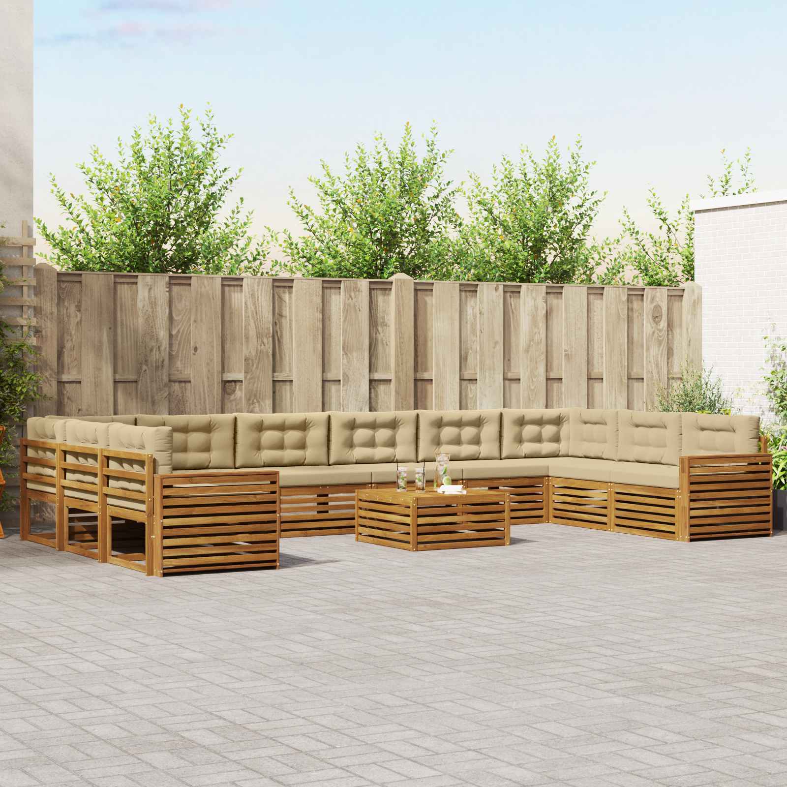 Sofasæt til terrasse - 11 dele i massivt akacietræ, naturlig/beige
