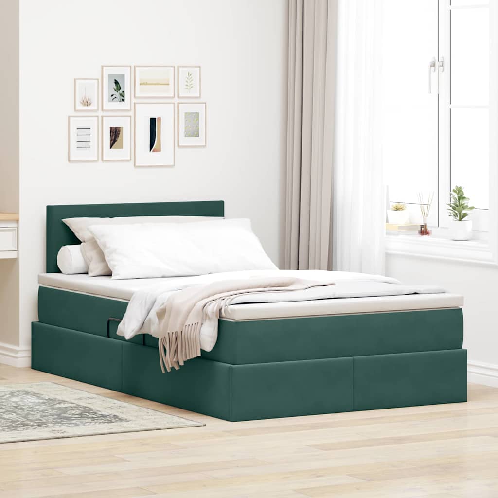 Mobilă și Mobilier - Pat cu storage cu saltea Verde închis 120 x 200 cm Catifea