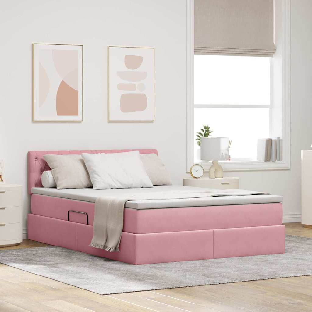 vidaXL Pat cu storage cu saltea cu headboard Roz 140 x 200 cm Catifea