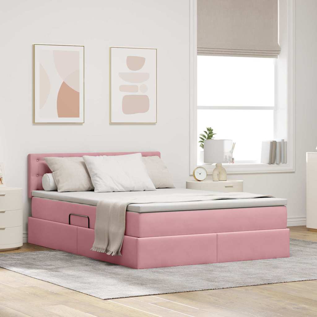 Mobilă și Mobilier - Pat cu storage cu saltea cu headboard Roz 140 x 200 cm Catifea