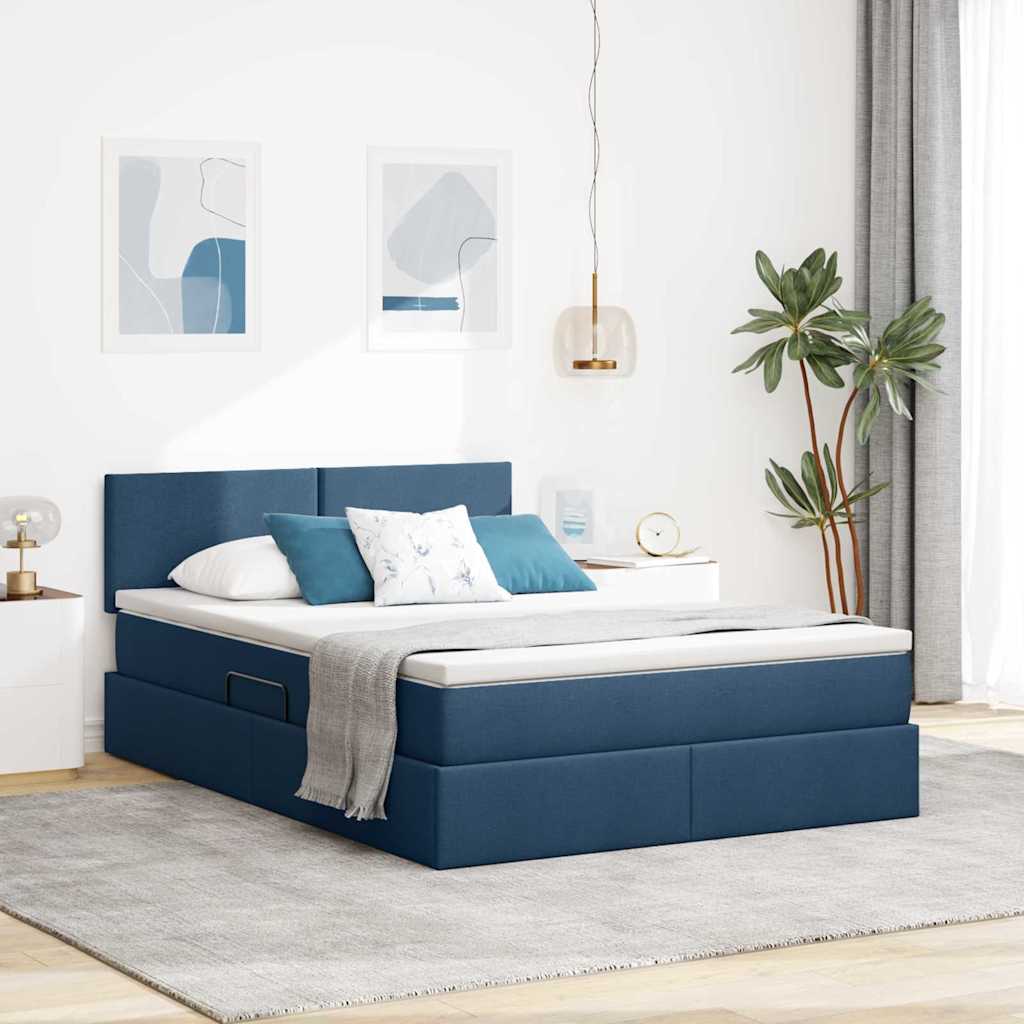 vidaXL Bett mit Stauraum und LED mit Matratze Blau 140 x 200 cm Stoff