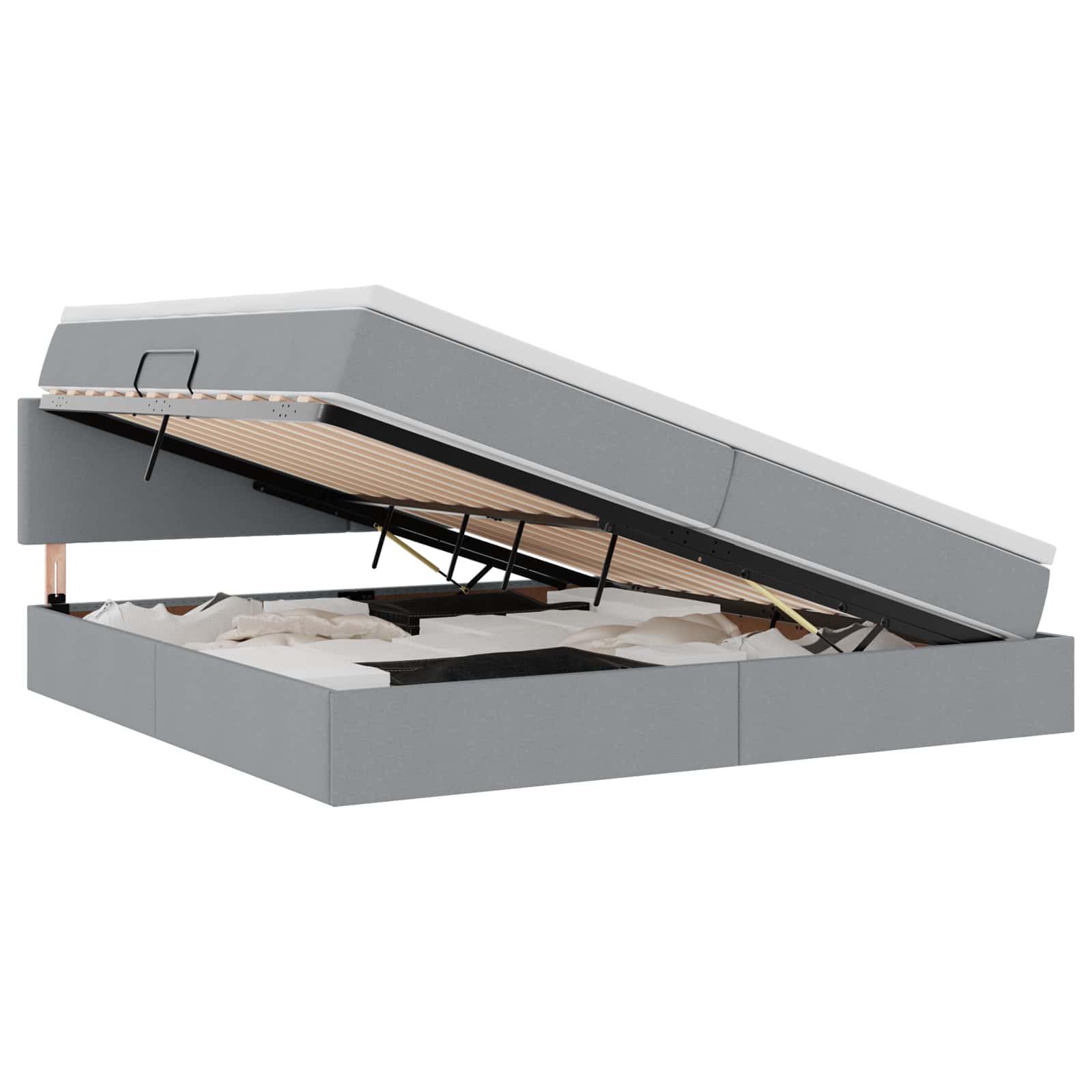 Voodi LED -ribatuledega peaga Helehall 200 x 200 cm kangas - Image 2