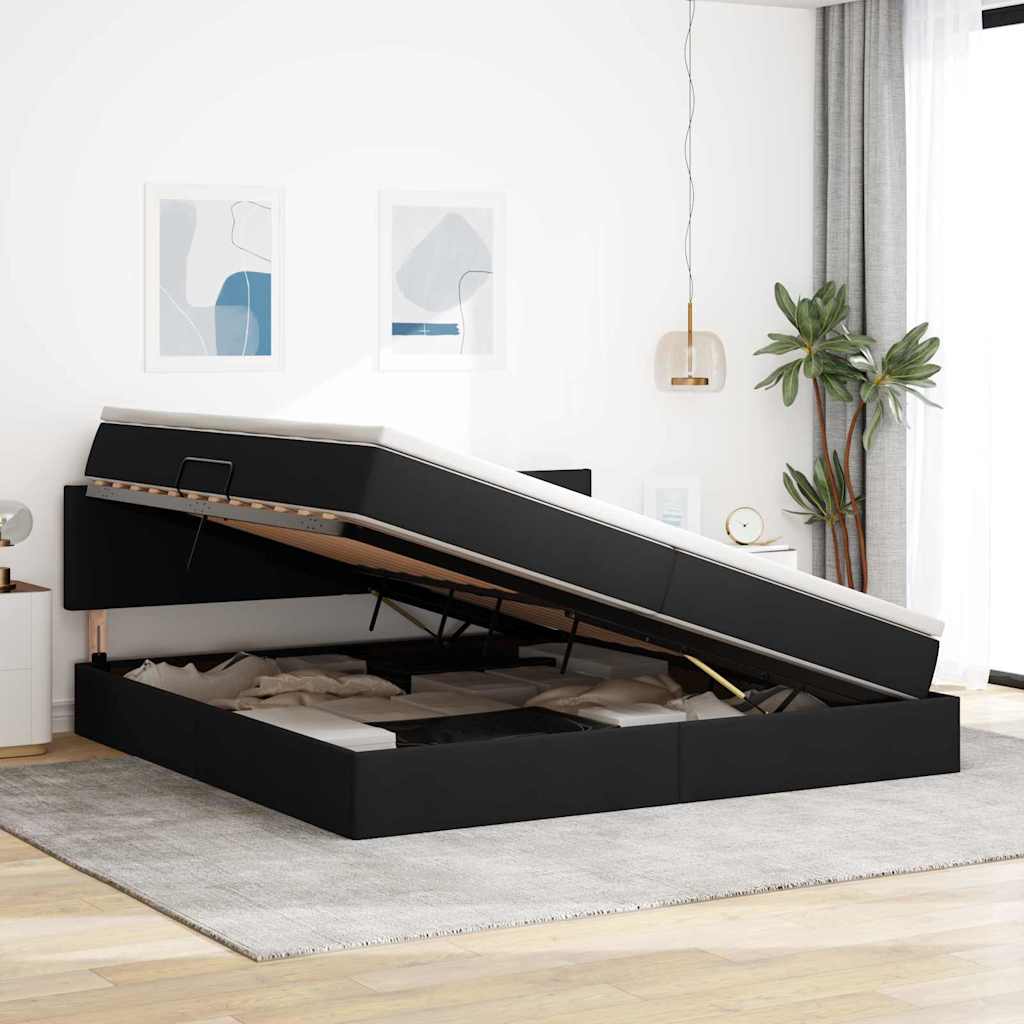 Voodi LED -ribatuledega peaga Must 200 x 200 cm kangas - Image 4