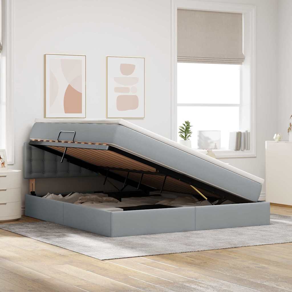 Voodi LED -ribatuledega peaga Helehall 180 x 200 cm kangas - Image 4