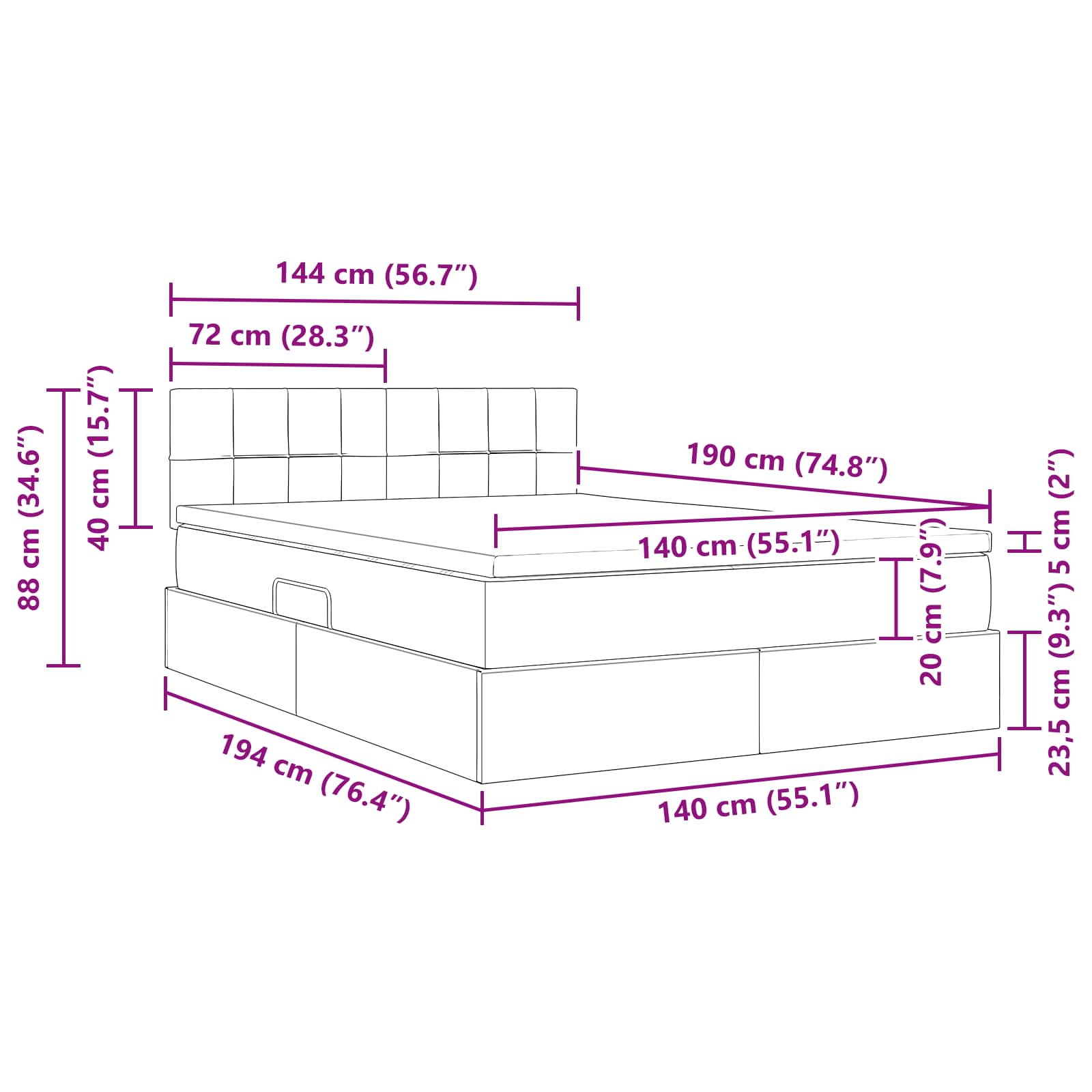 Postel s úložným prostorem a LED osvětlením Růžová 140 x 190 cm - obrázek 17