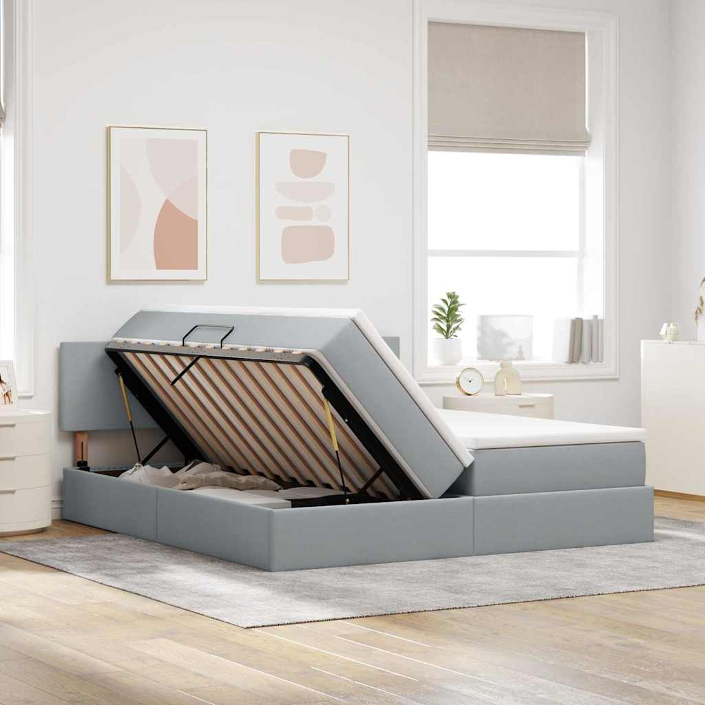 Postelja z LED lučmi z vzglavjem Svetlo siva 200 x 200 cm blago - slika 5