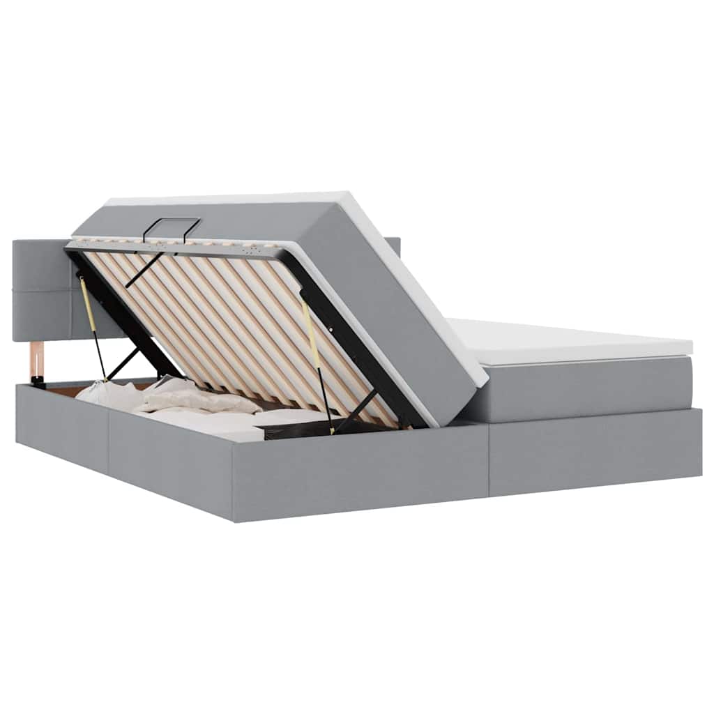 Postelja z LED lučmi z vzglavjem Svetlo siva 200 x 200 cm blago - slika 9