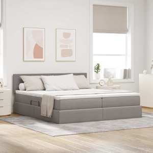 Postel s LED pásovými světly s čelo Taupe 200 x 200 cm textil - obrázek 1