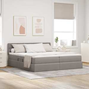 Postelja z LED lučmi z vzglavjem Taupe 200 x 200 cm blago