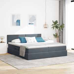 Postel s LED pásky s čelo Tmavě šedá 200 x 200 cm samet - obrázek 1