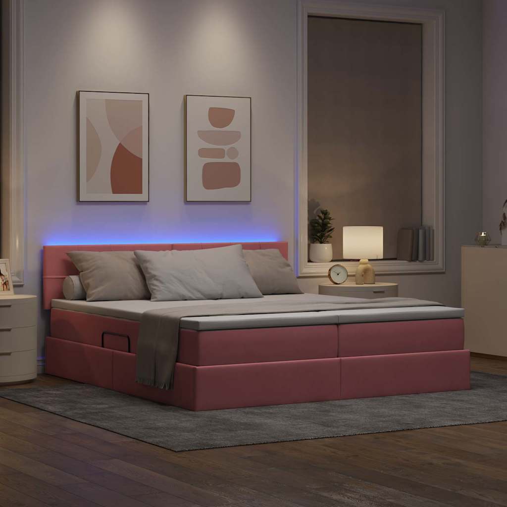 Postel s LED pásky s čelo s úložištěm Růžová 200 x 200 cm samet - obrázek 5
