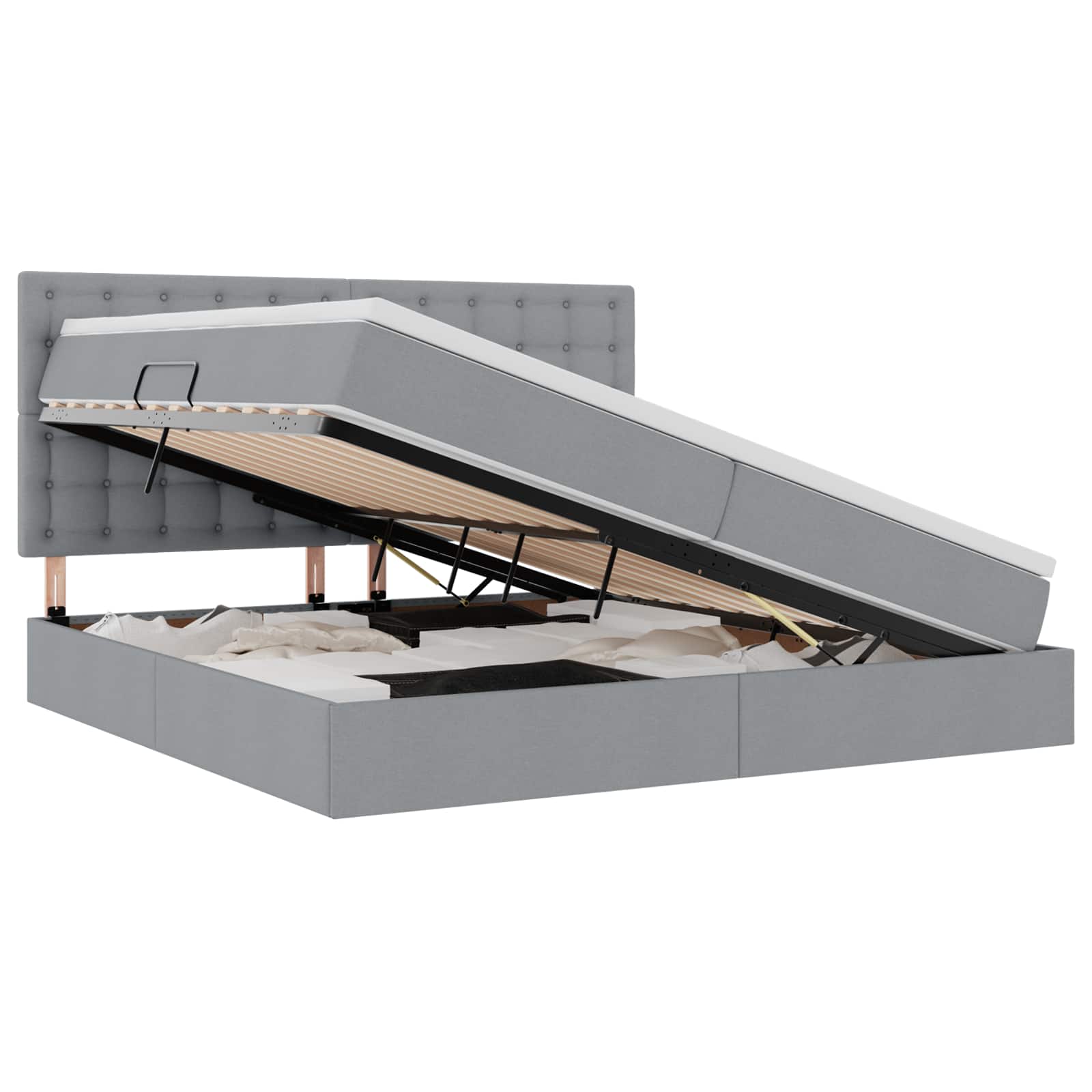 Voodi LED -ribatuledega peaga Helehall 200 x 200 cm kangas - Image 2