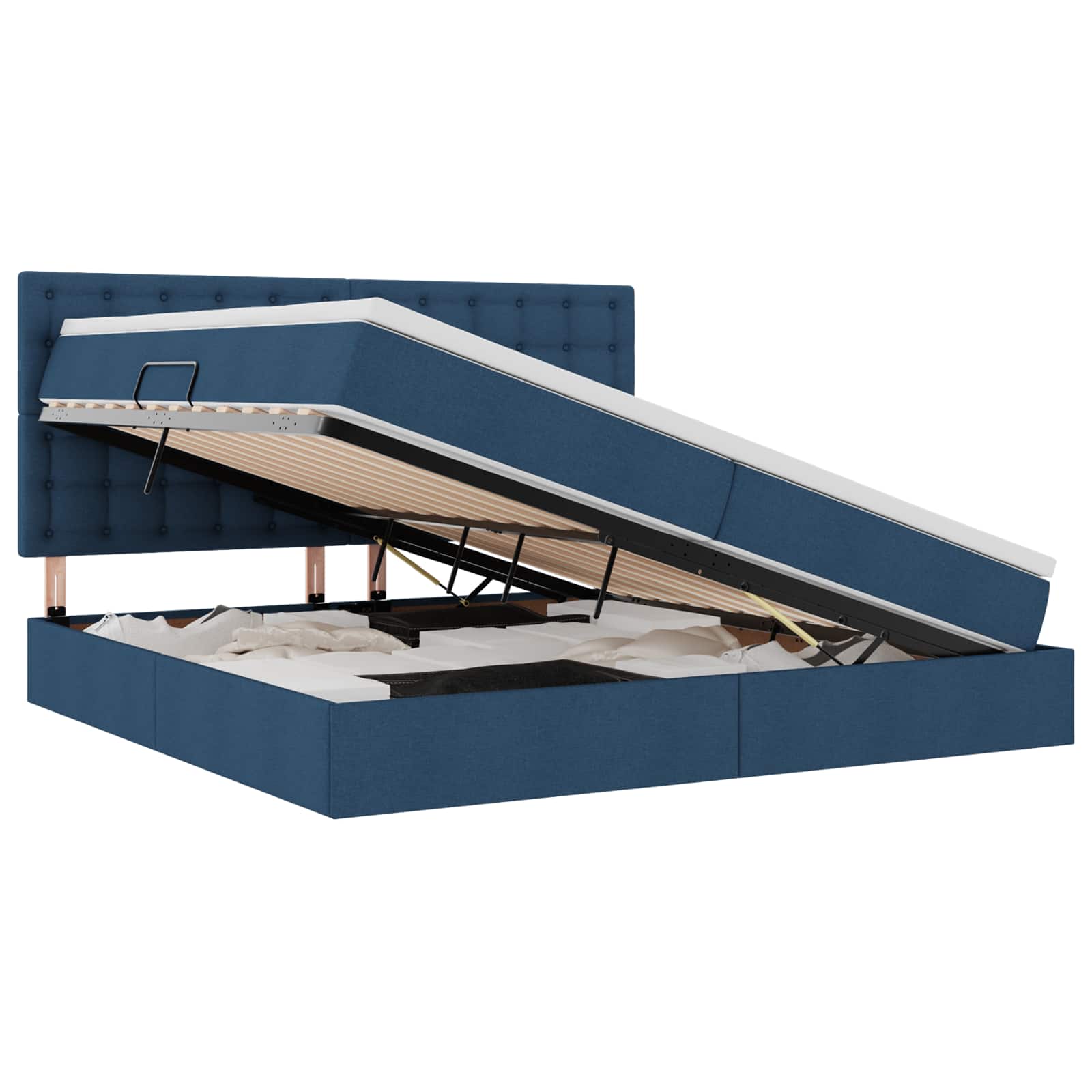 Voodi LED -ribatuledega peaga Sinine 200 x 200 cm kangas - Image 2