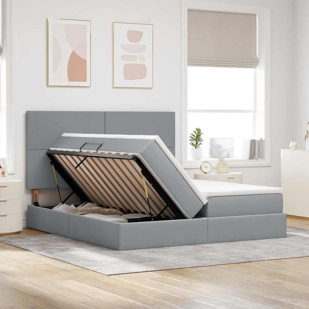 Postelja z LED lučmi z vzglavjem Svetlo siva 200 x 200 cm blago - slika 5