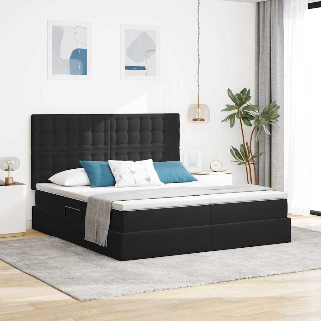 Postel s LED pásky s čelo s úložištěm Černá 200 x 200 cm samet