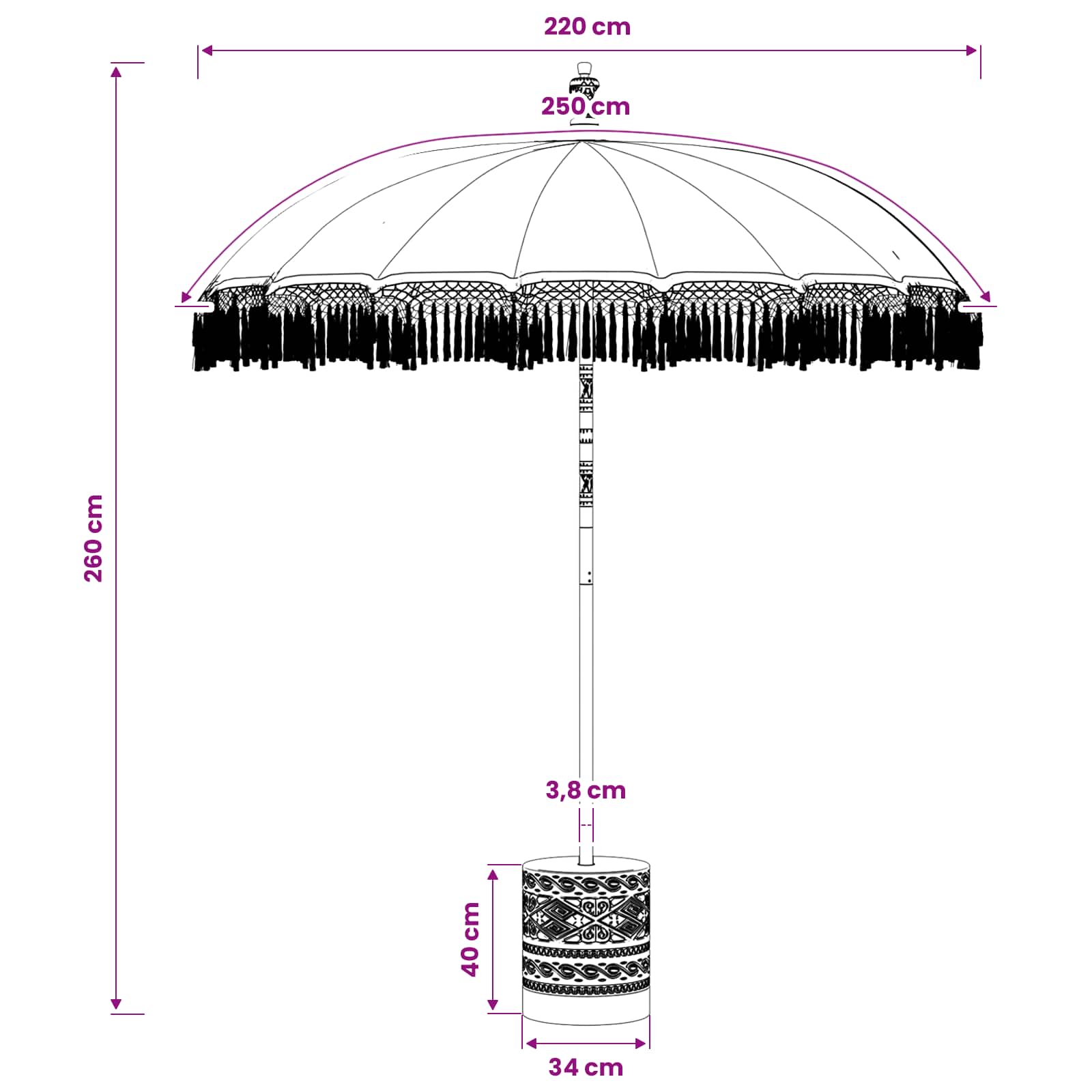 Balinese Parasol with Base size guide