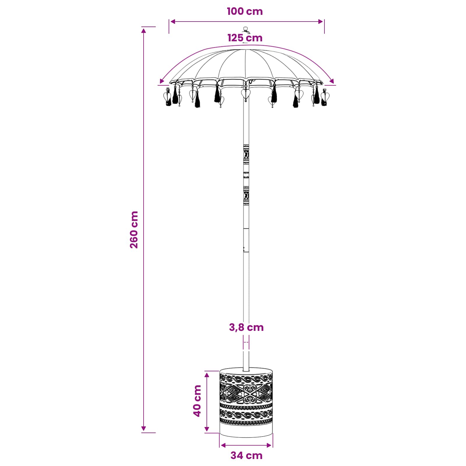 Balinese Parasol with Base size guide