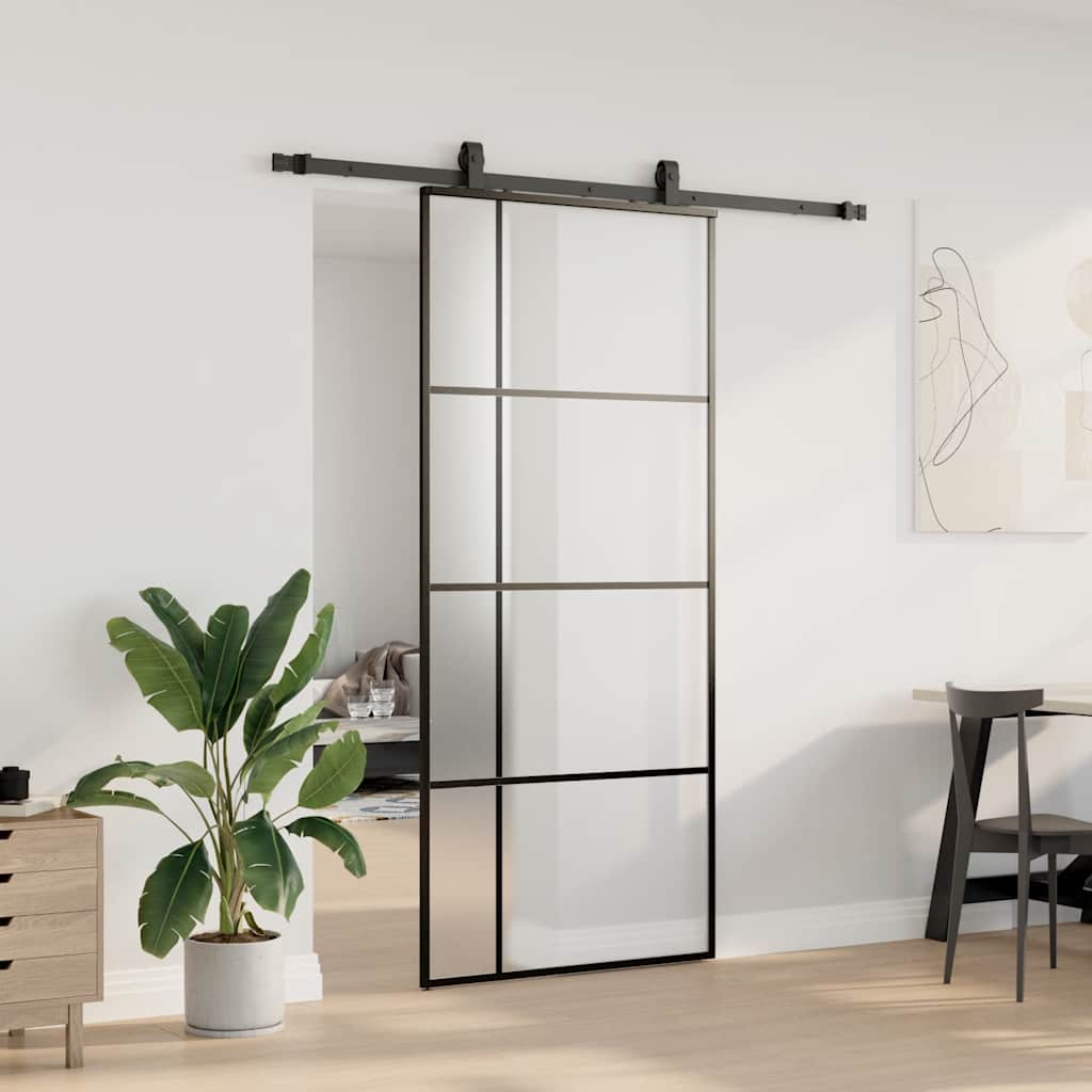vidaXL Liukuovi asennustarvikkeilla musta 90x205 cm ESG lasi