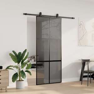 Posuvné dveře se sadou kování černé 90x205 cm Tvrzené sklo - obrázek 3