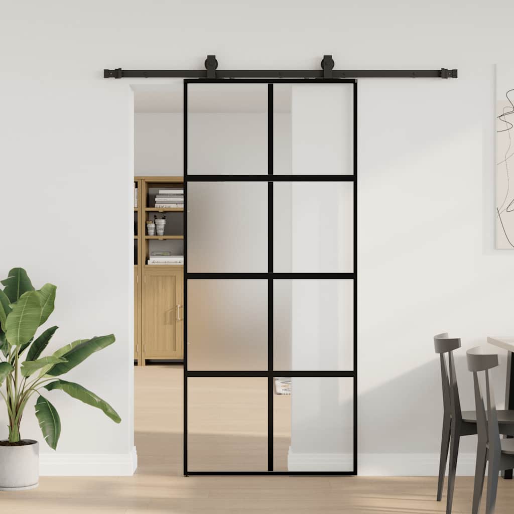 Skydedør med hardwaresæt hærdet glas Black, matt and transparent, 90 x 205 cm (183 cm glideskinne)