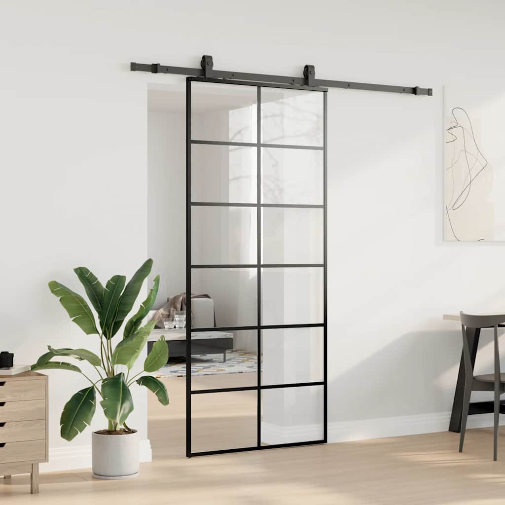 vidaXL fekete ESG üveg tolóajtó fémszerelvény-szettel 90x205 cm