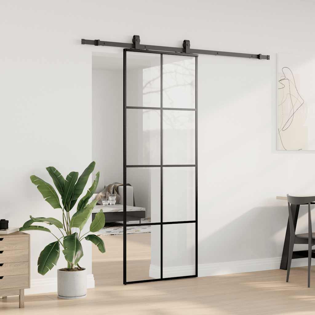 vidaXL fekete ESG üveg tolóajtó fémszerelvény-szettel 76x205 cm