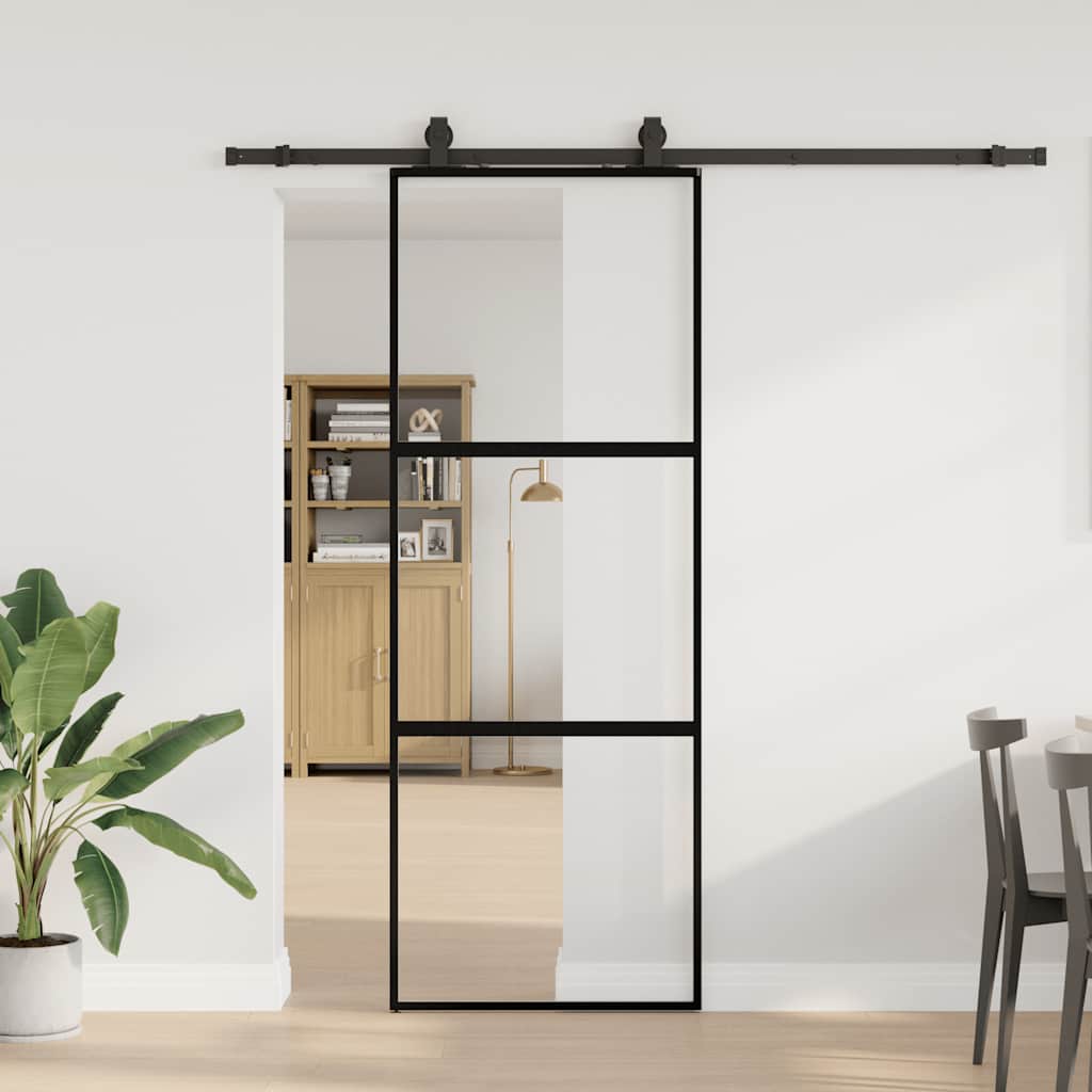 vidaXL skydedør med hardwaresæt 76x205 cm hærdet glas sort