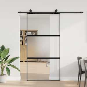 Drsna vrata z opremo črna 102,5x205 cm kaljeno steklo