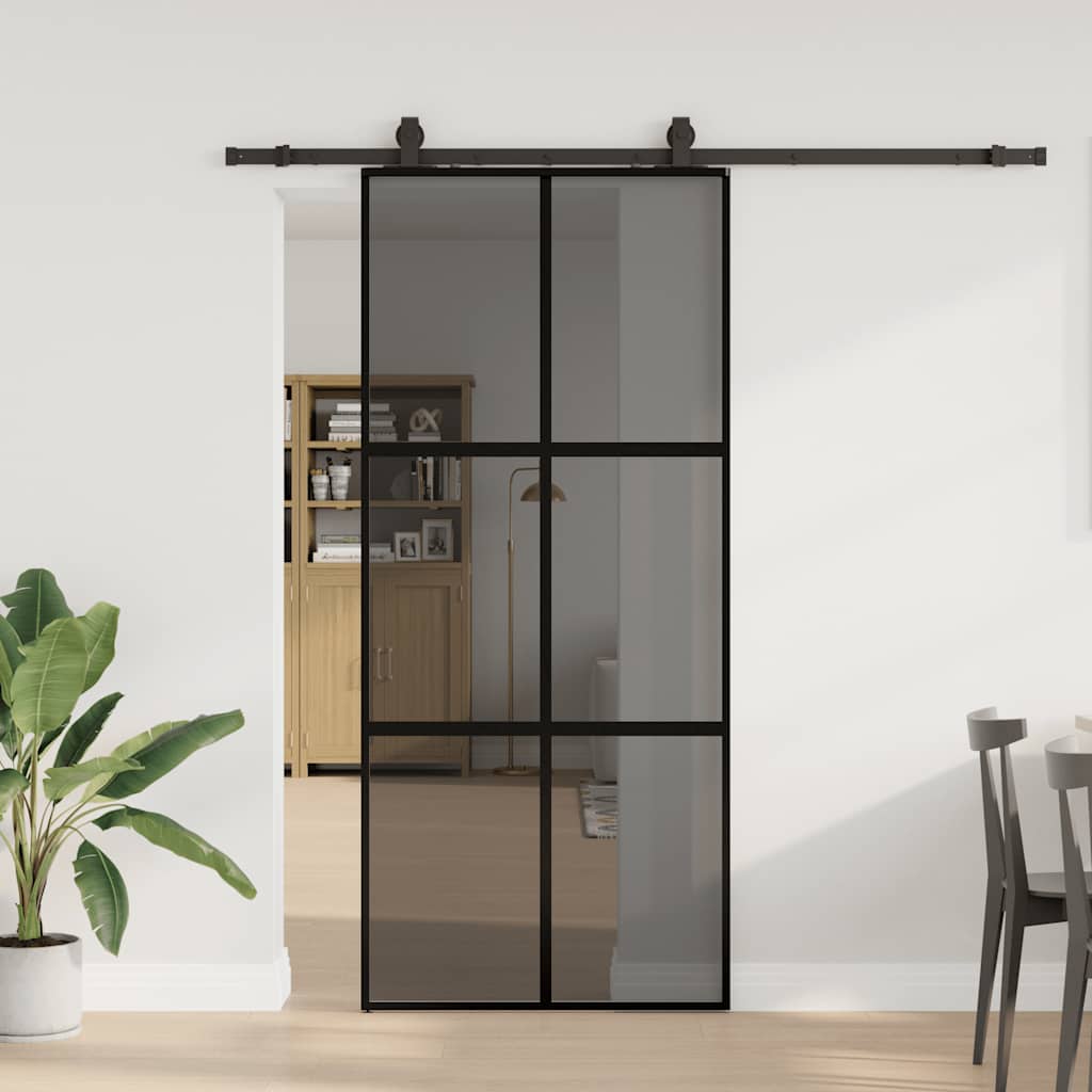 Skydedør med hardwaresæt 90 x 205 cm - sort/mørk transparent