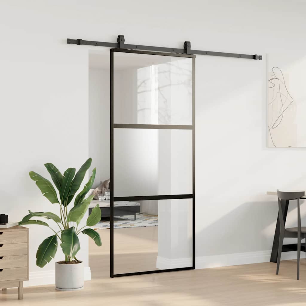 vidaXL fekete edzett üveg tolóajtó fémszerelék szettel 90x205 cm