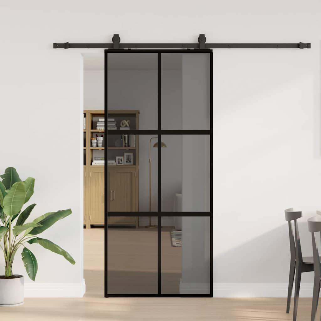 Skydedør 90×205 cm i hærdet glas - sort ramme inkl. hardwaresæt