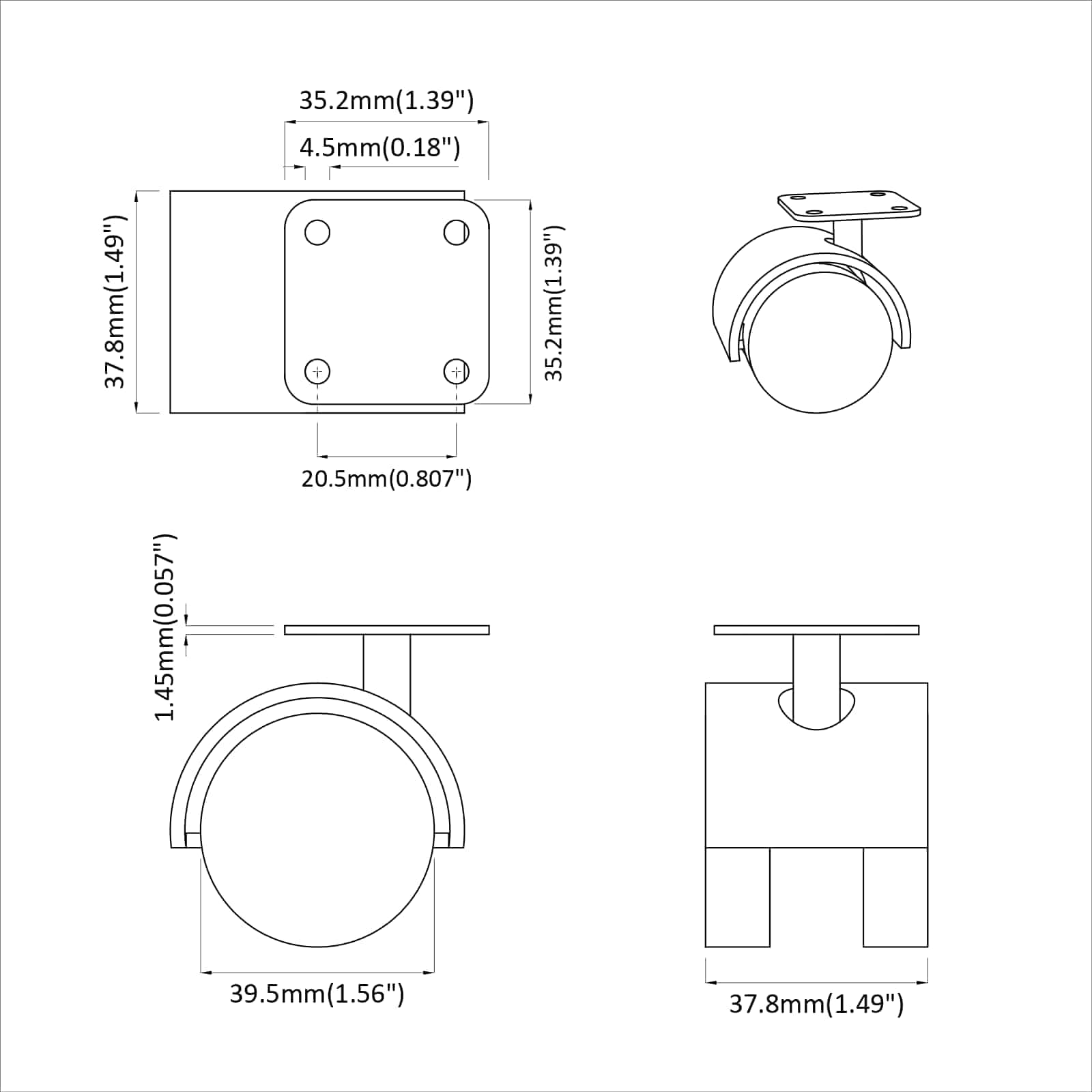 Vrteče kolesce 2 pcs Črna 39,5 x 39,5 x 37,8 mm Železo in PP - slika 10