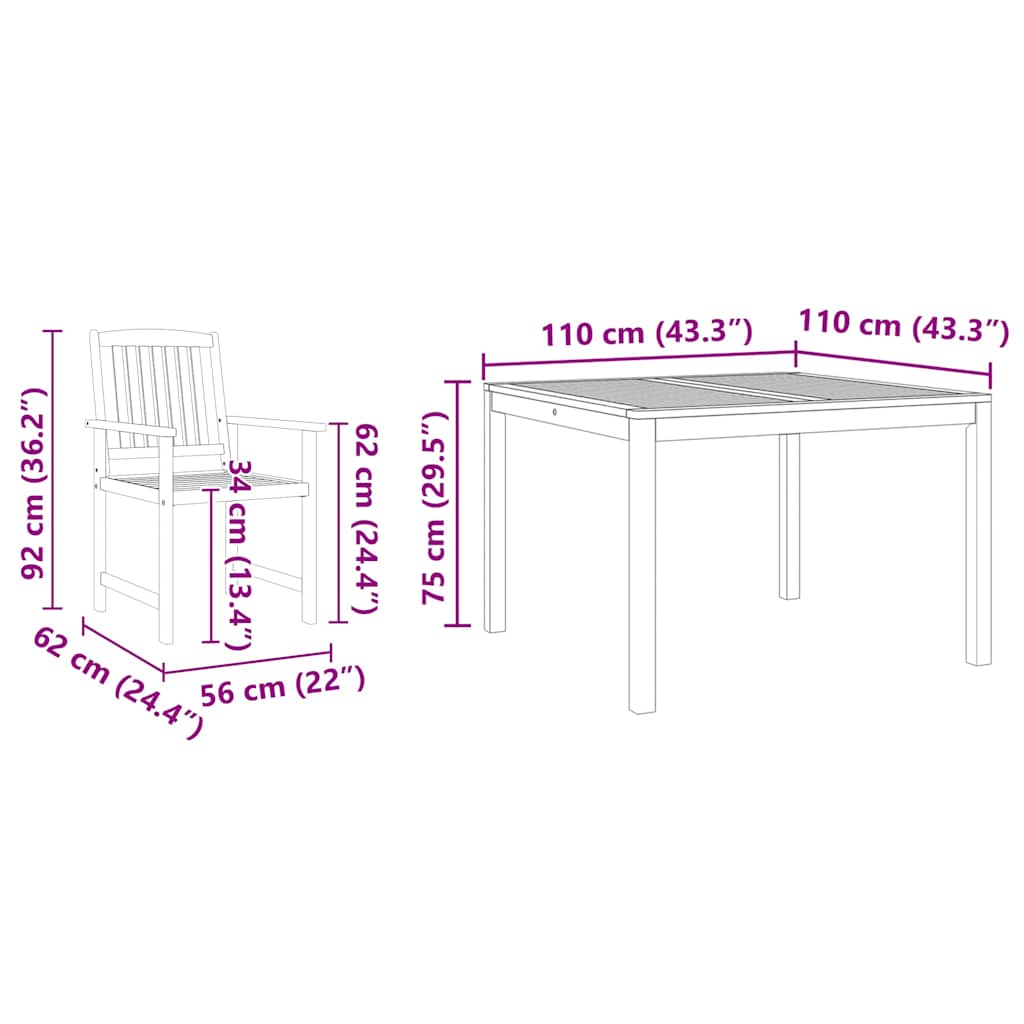 Garden dining table 9 pcs brown solid acacia wood