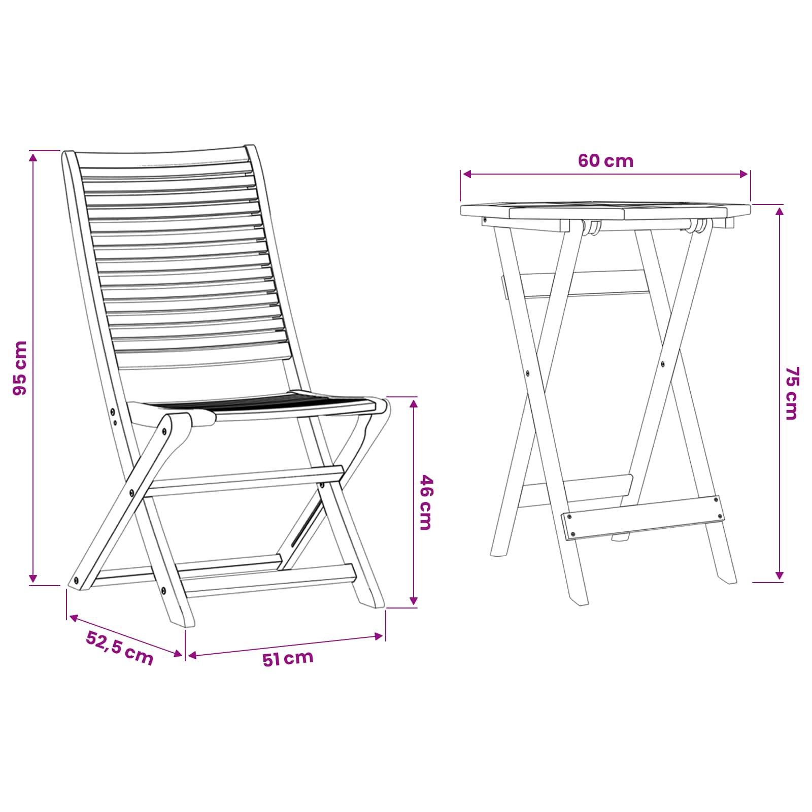 Folding Bistro Set 2 Seaters size guide