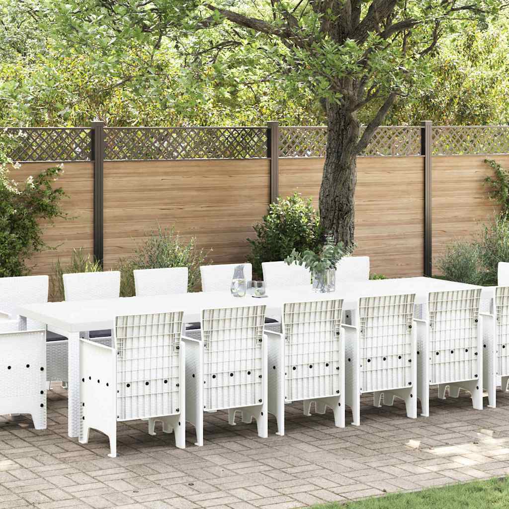 15 dele have spisegruppe med puder Hvid Polyrattan, vidaXL havebord Hvid 200x100x73 cm Polyrattan, vidaXL havebord Hvid 150x100x73 cm Polyrattan, vidaXL havestole med puder 2 stk Hvid Polyrattan, vidaXL havestole med puder 4 stk Hvid Polyrattan