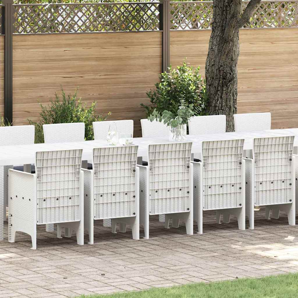 17 Styk Have Spisesæt med Puder Hvid Poly Rattan, vidaXL Have Bord Hvid 250x100x73 cm Poly Rattan, vidaXL Have Bord Hvid 150x100x73 cm Poly Rattan, vidaXL Have Stole med Puder 4 stk Hvid Poly Rattan