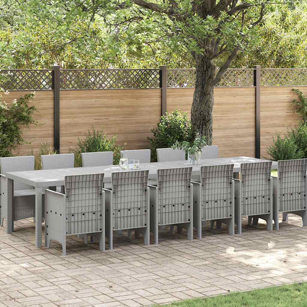 13-osaline aia söögikomplekt helehall polürotang, vidaXL aia laud helehall 200x100x73 cm polürotang, vidaXL aia laud helehall 150x100x73 cm polürotang, vidaXL aia toolid 4 tk helehall polürotang