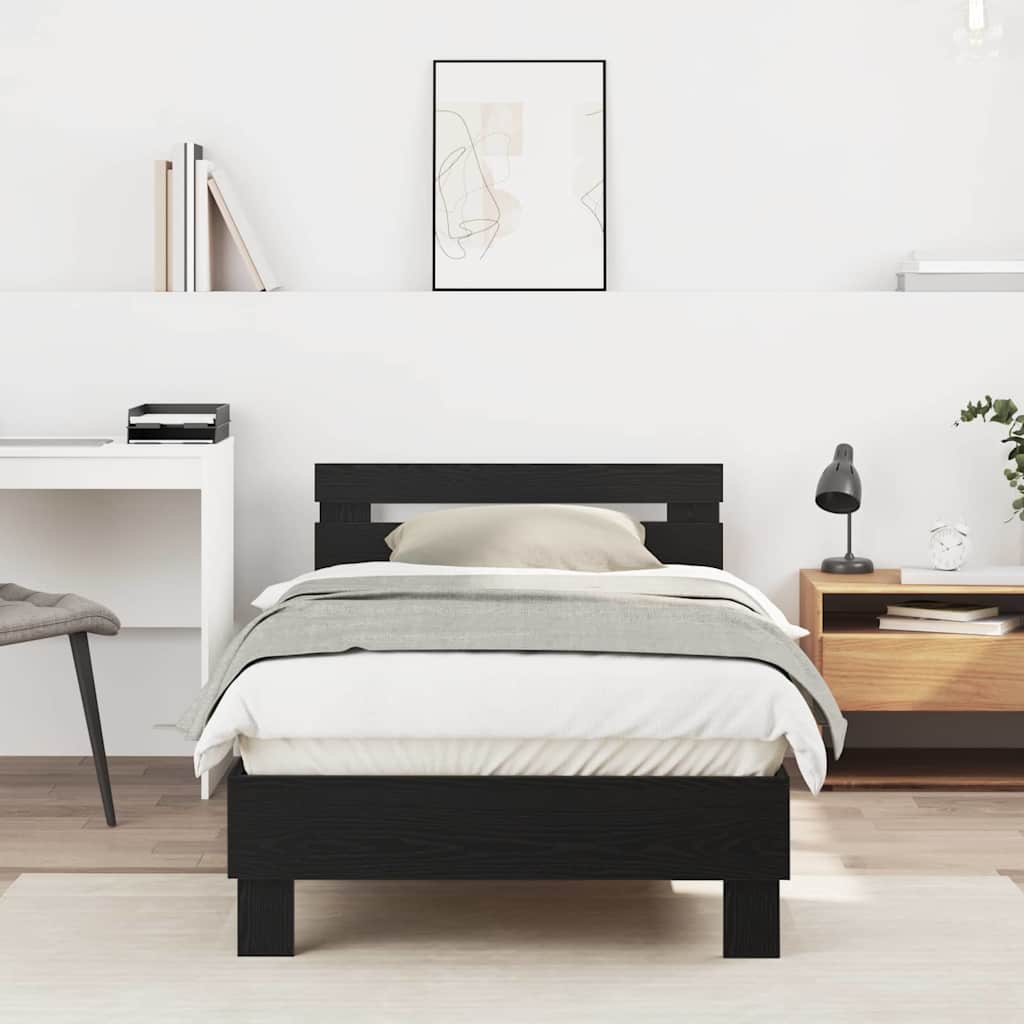 Bettgestell – Schwarz Eiche, 90x190 cm, aus Spanplatte.