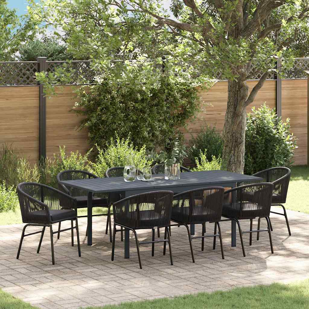 10 dele Have Spisebord Sæt med Puder Sort Poly Rattan, vidaXL Udendørs Bord (140-210)x90x73 cm Stål