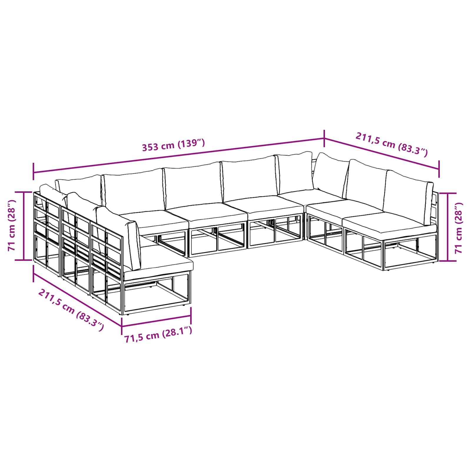 Vrtna sedežna garnitura z blazino 9 pcs Črna Aluminij - slika 13
