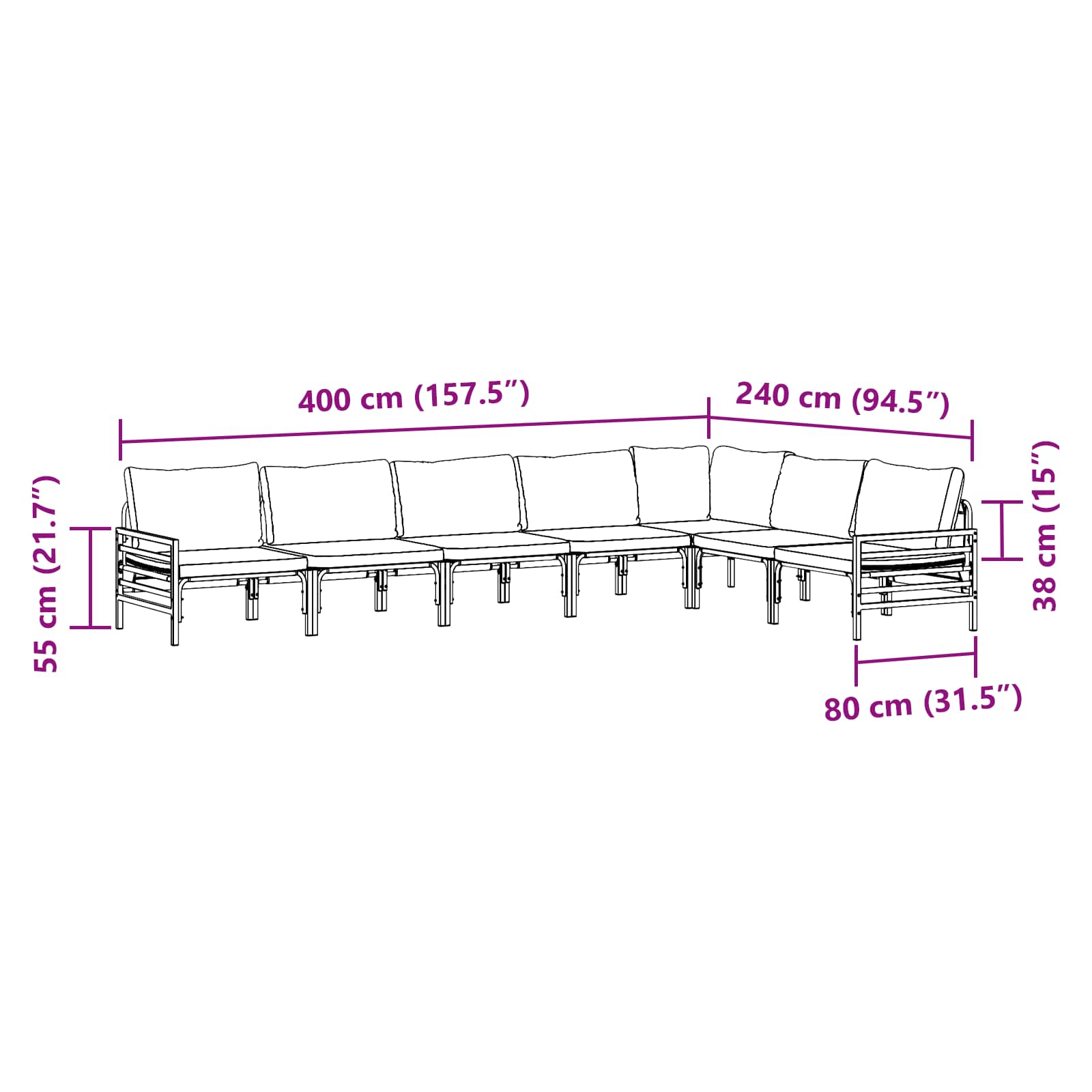 Sada zahradních pohovek s polštářem 7 pcs Černá Ocel - obrázek 14