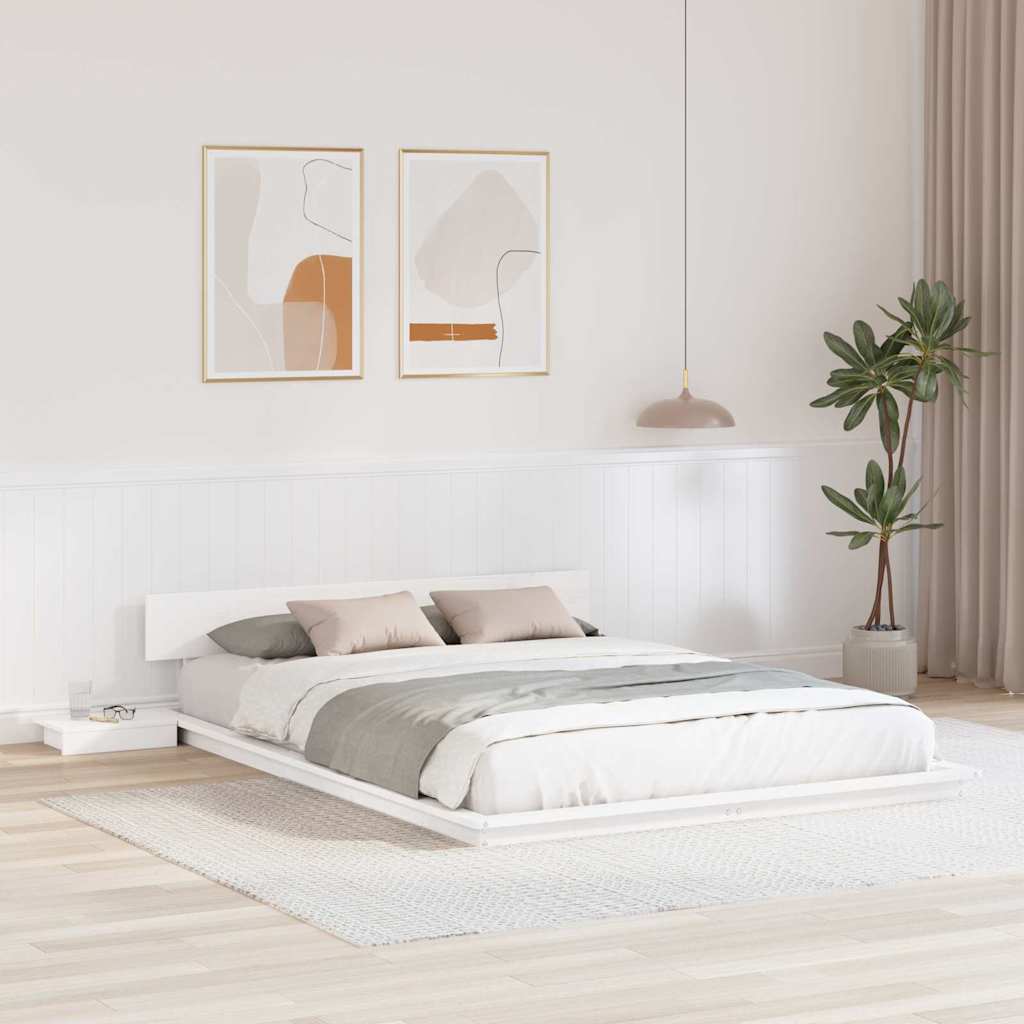 Bettgestell mit Nachttischen Weiß 150x200cm Massivholz