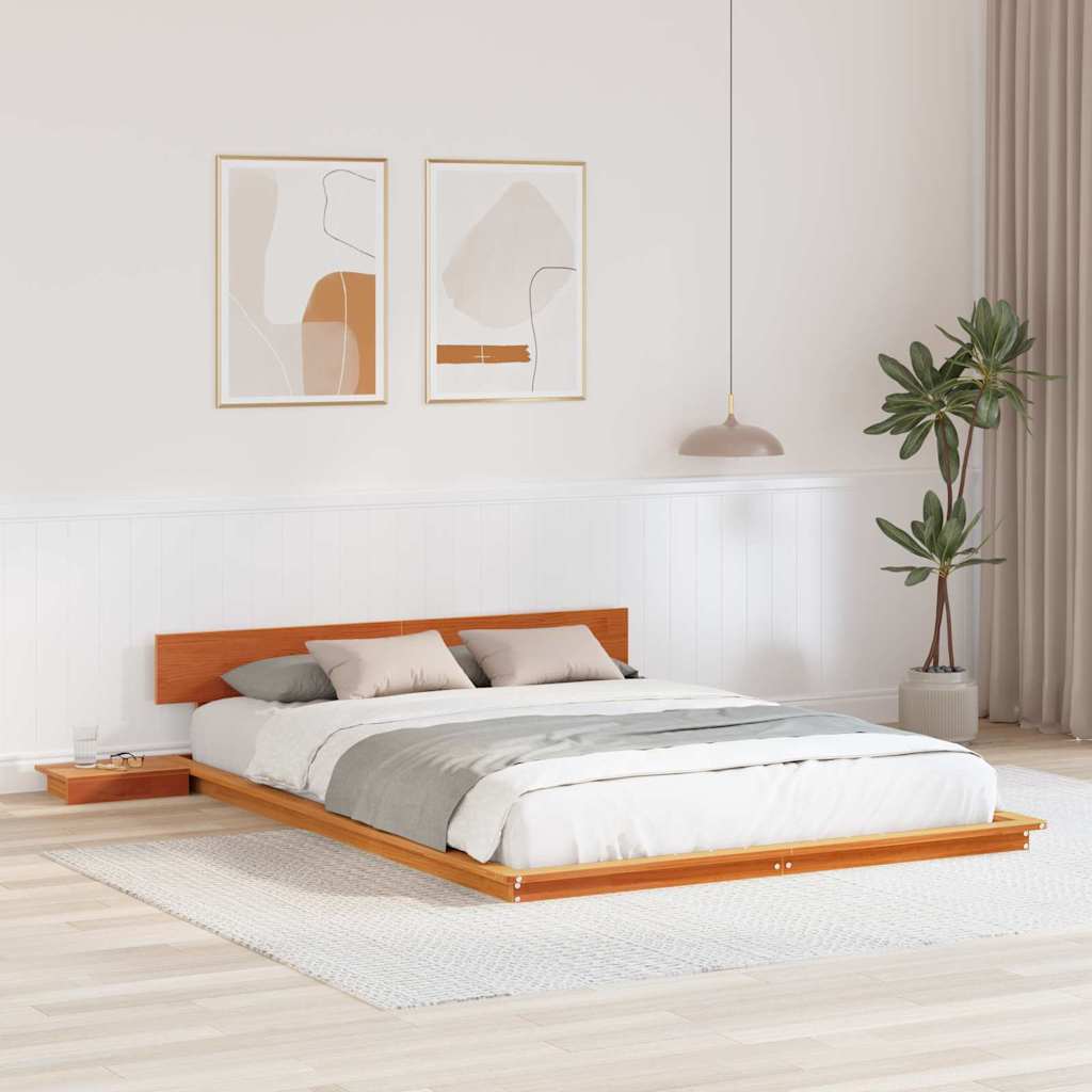 Bodenbettgestell mit Nachttischen Wachsbrown 150x200cm Massivholz