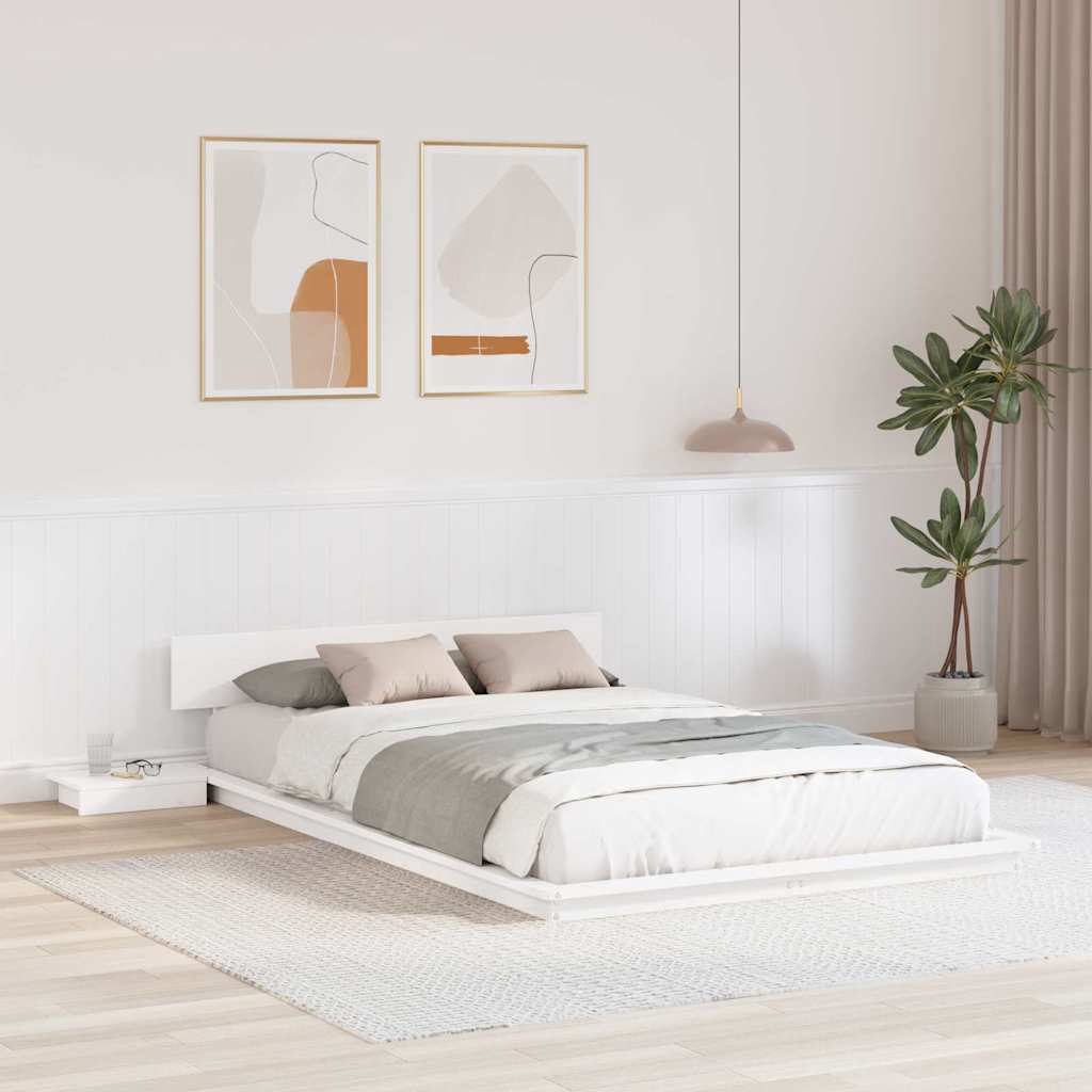 Põrandavoodi raam koos öötabelitega Valge 120x200cm Täispuit