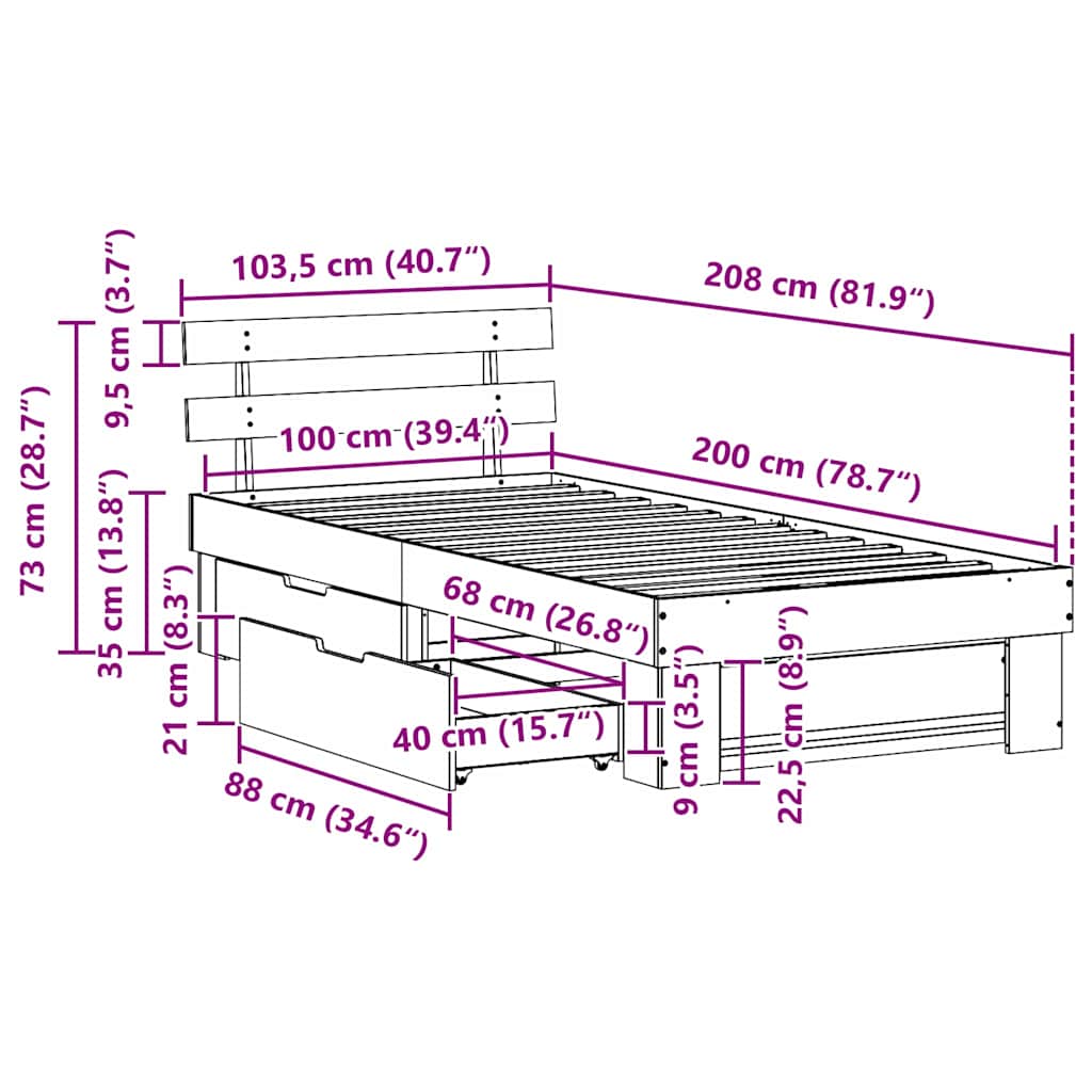 Bedframe met lade met hoofdeinde met opslag Wit 100 x 200 cm Massief grenenhout image 13