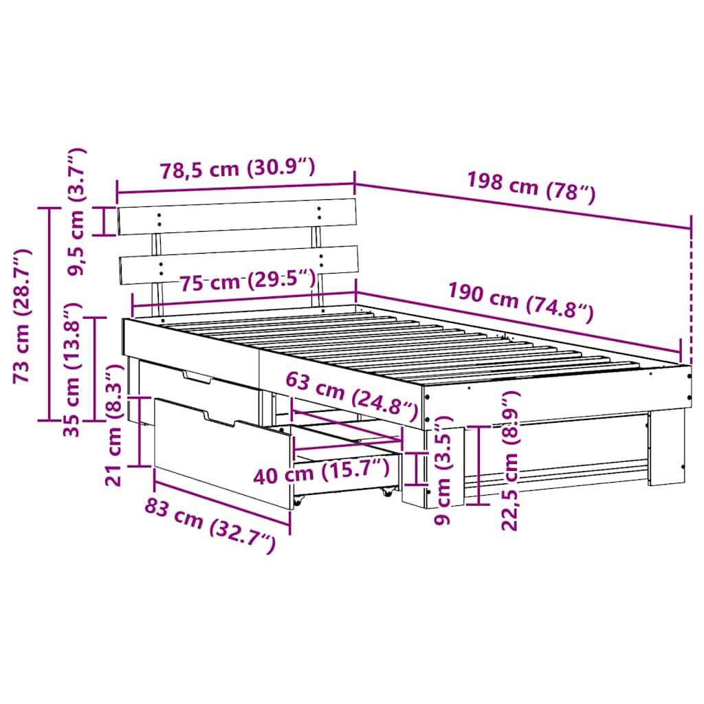 Bedframe met hoofdeinde Naturel 75 x 190 cm Massief grenenhout image 13