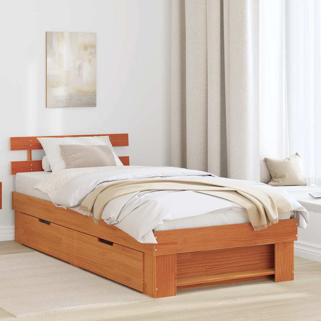 Bedframe met lade met hoofdeinde met opslag Wasbruin 75 x 190 cm Massief grenenhout