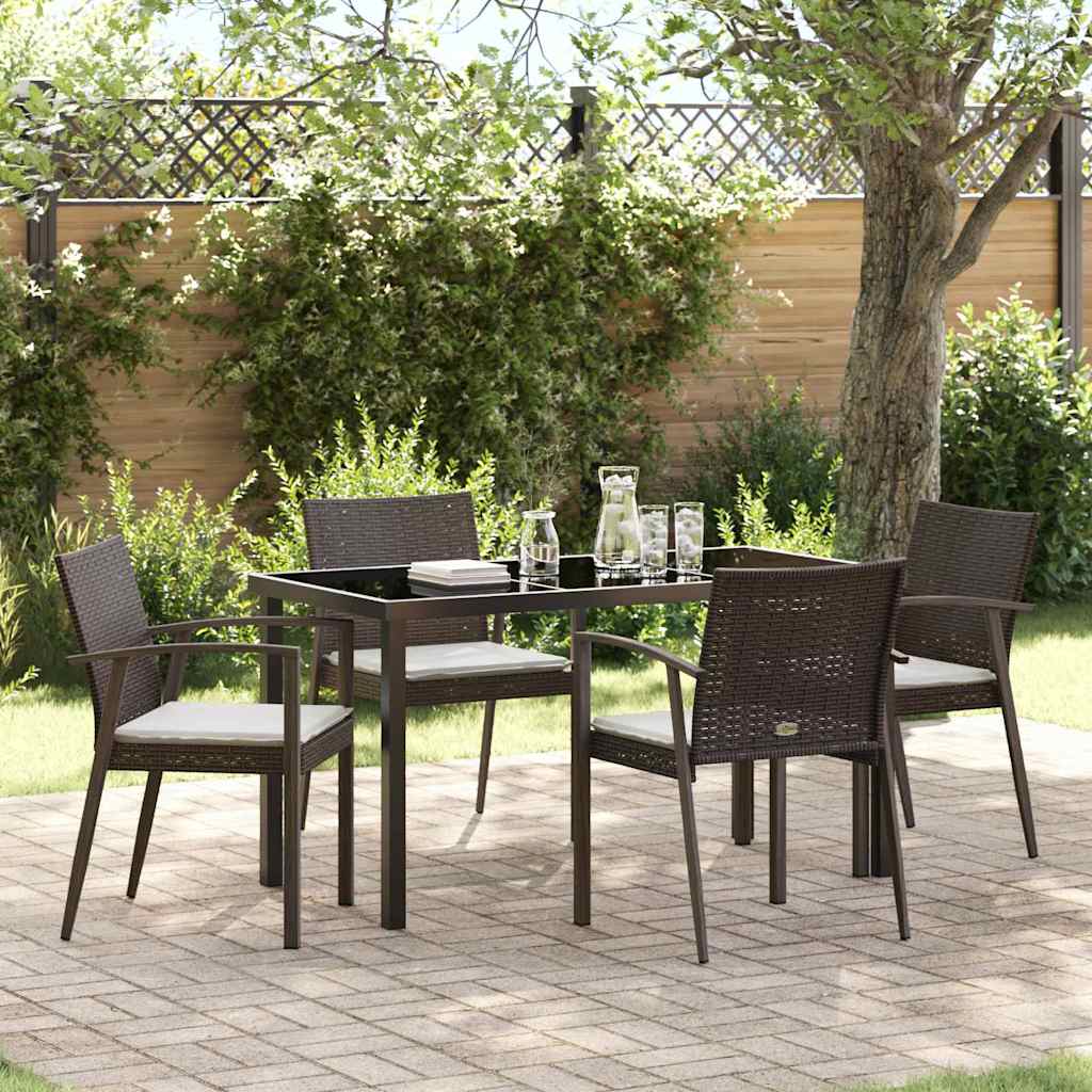 5-teiliges Gartentisch-Set mit Kissen Braun Poly Rattan