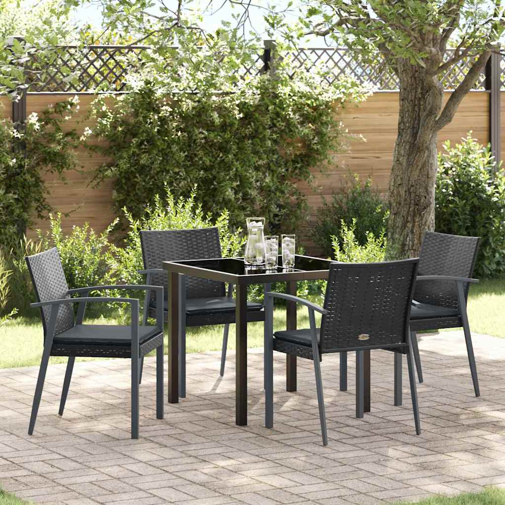 5-teiliges Garten-Esszimmer-Set mit Kissen Schwarz Poly Rattan