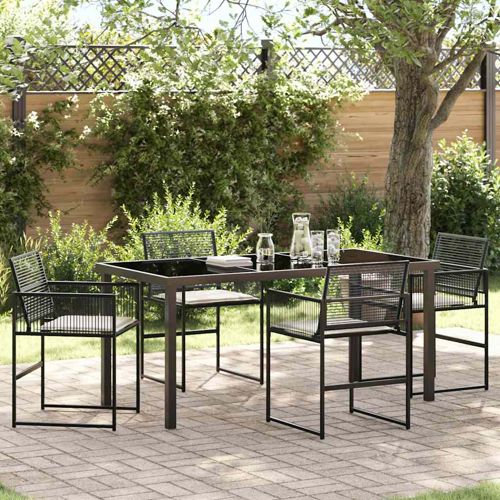 5-teiliges Garten-Esszimmer-Set mit Kissen - Schwarzer Poly-Rattan